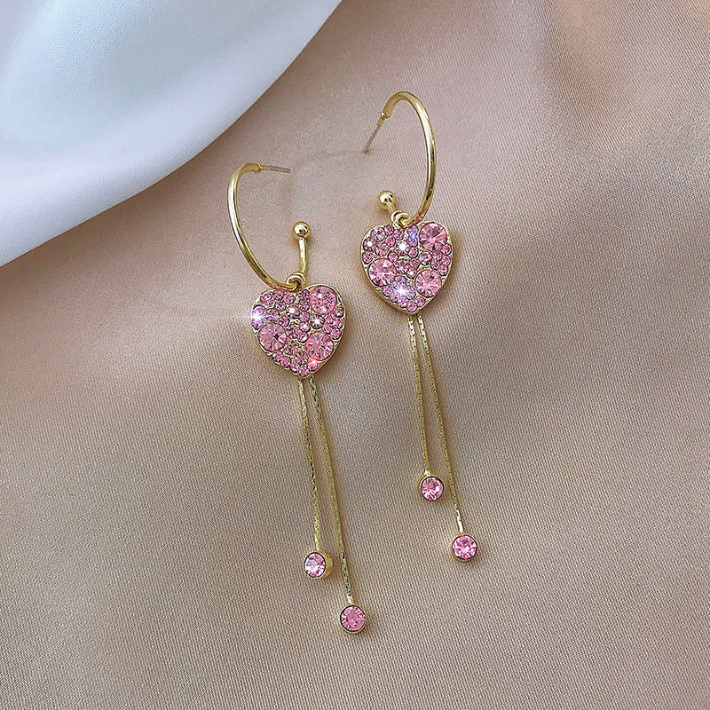 Women's Pink Love Heart Long Tassel Dangle Drop Earrings