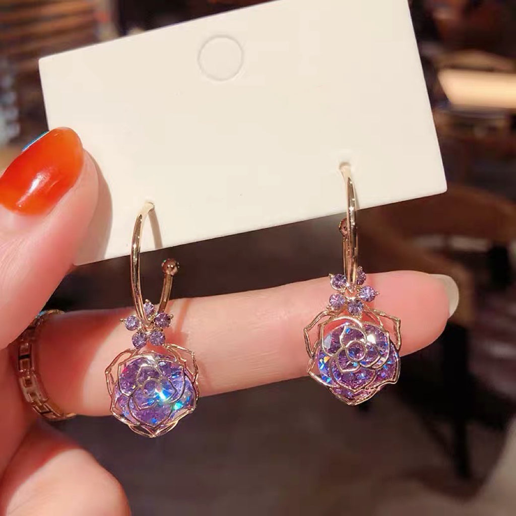 Women's Purple Crystal Rose Flower Drop Dangle Earrings