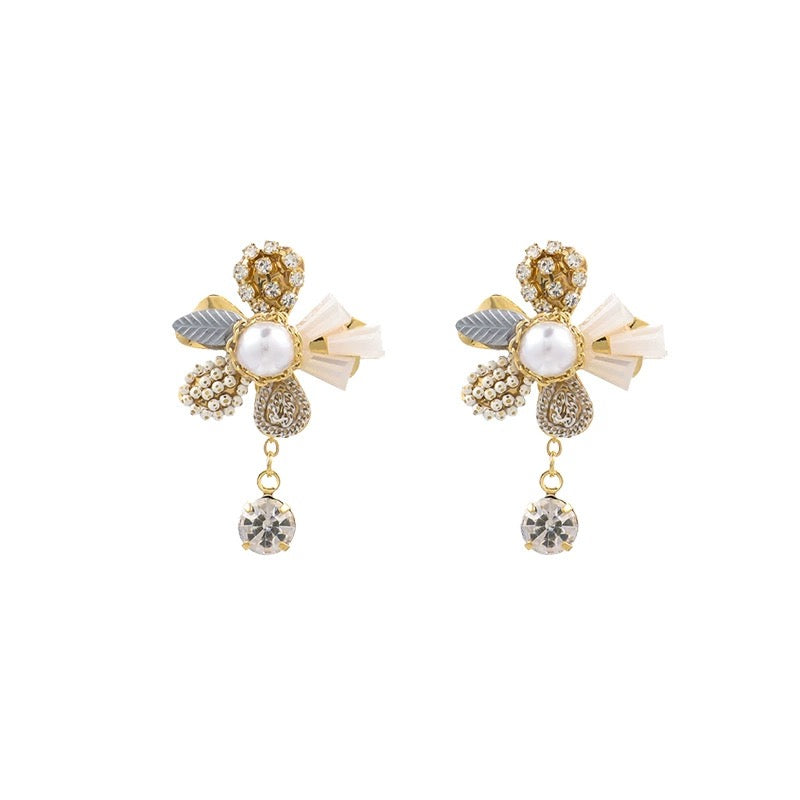 Crystal Flower Pearl Stud Earrings for Women
