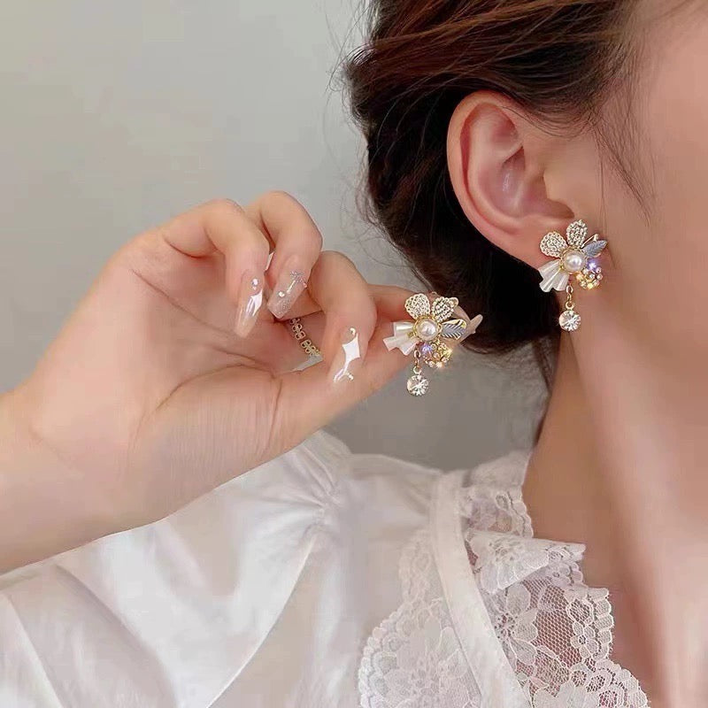 Crystal Flower Pearl Stud Earrings for Women