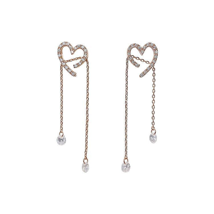 14K Rose Gold Plated Love Heart Long Tassel Dangle Drop Earrings for Women