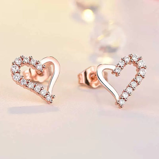 14K Rose Gold Plated CZ Cubic Zirconia Love Heart Stud Earrings for Women