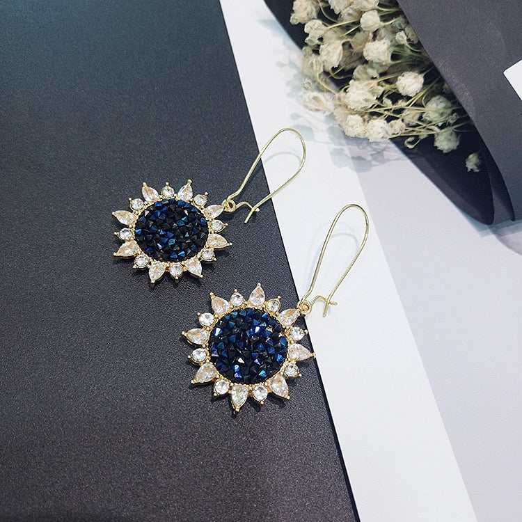 Women's Bule Crystal Sunflower Drop Dangle Earrings