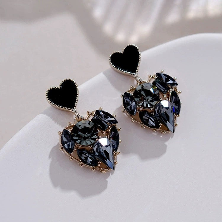 Black Crystal Love Heart Dangle Drop Earrings for Women