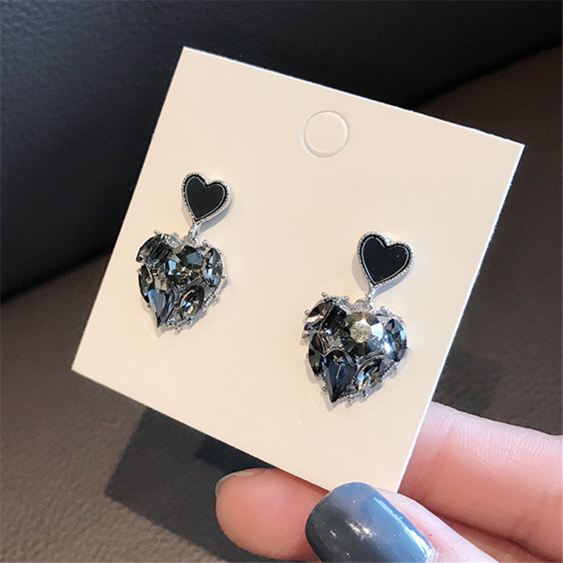 Black Crystal Love Heart Dangle Drop Earrings for Women