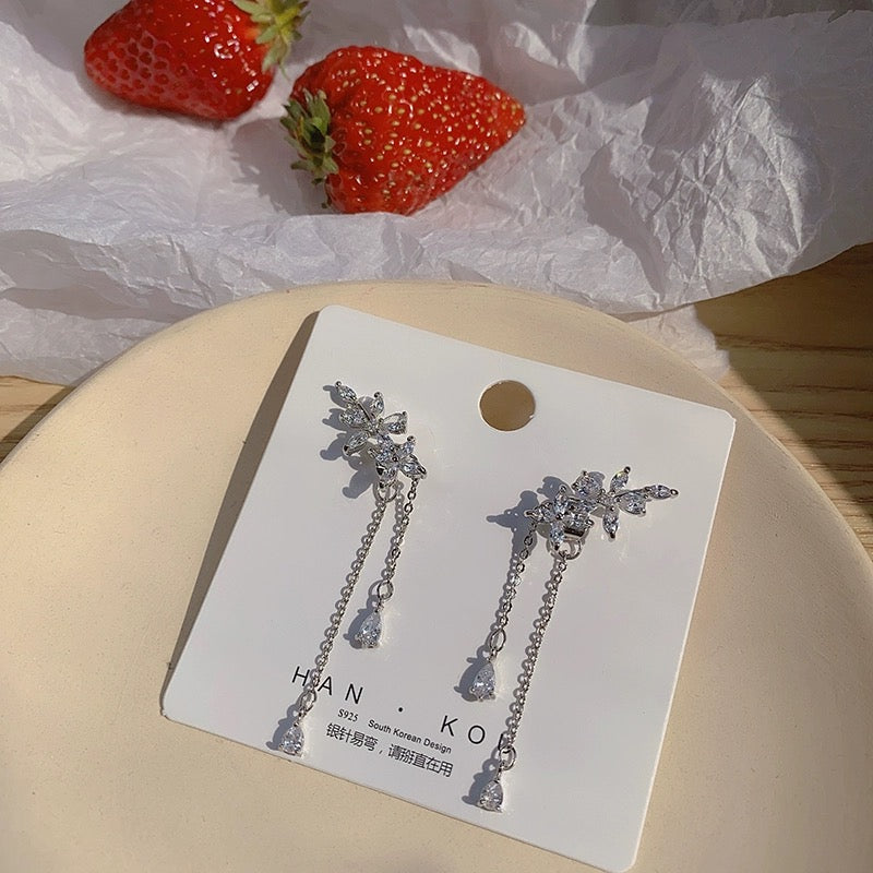 18K White Gold Plated Crystal Flower Tassel Dangle Drop Earrings for Women