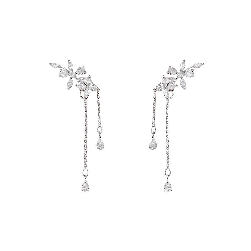 18K White Gold Plated Crystal Flower Tassel Dangle Drop Earrings for Women