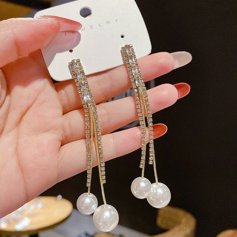 White Pearl Dangle Drop Tassel Earrings for Women