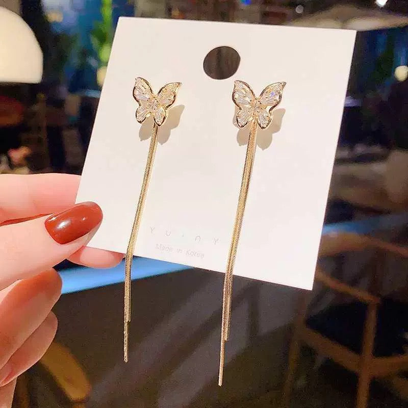 Crystal Butterfly Tassel Long Dangle Drop Earrings for Women
