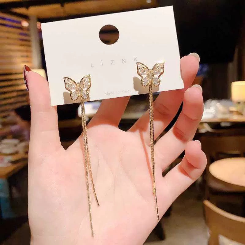 Crystal Butterfly Tassel Long Dangle Drop Earrings for Women