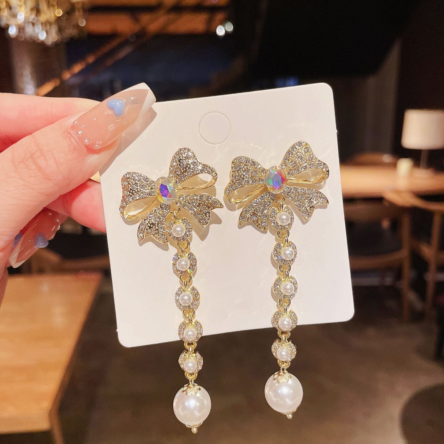 Elegant Bow Pearl Tassel Long Dangle Drop Earrings for Women