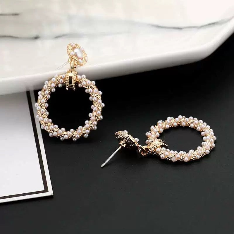 White Pearl Drop Dangle Hoop Earrings for Women