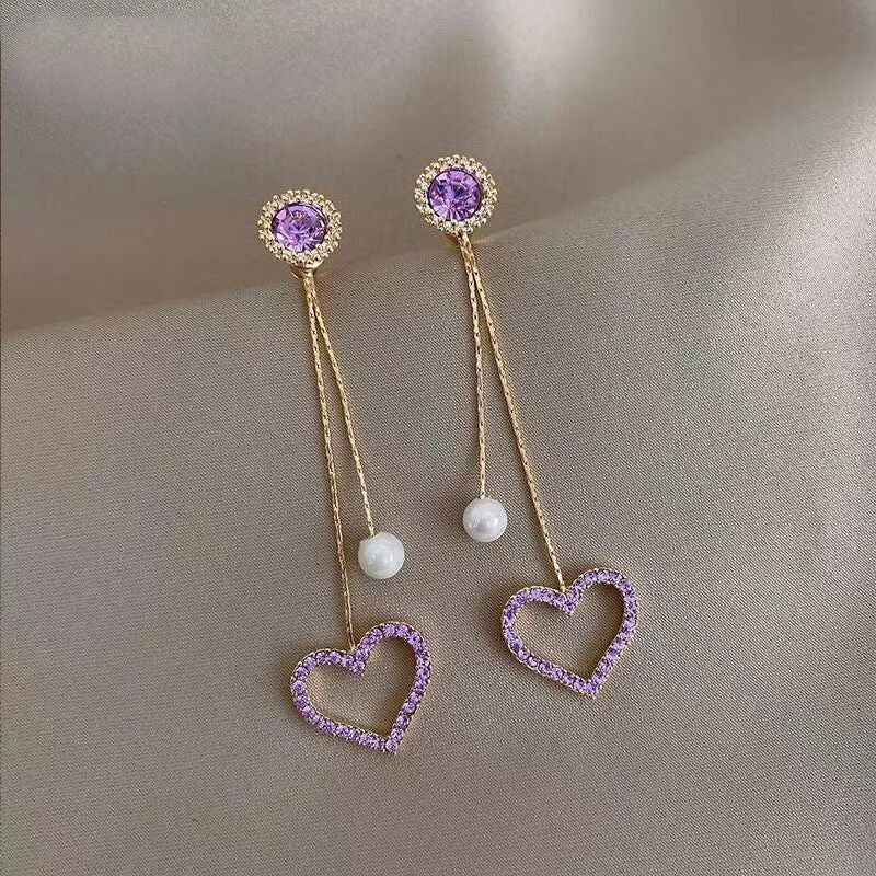 Purple Love Heart Tassel Dangle Drop Earrings for Women