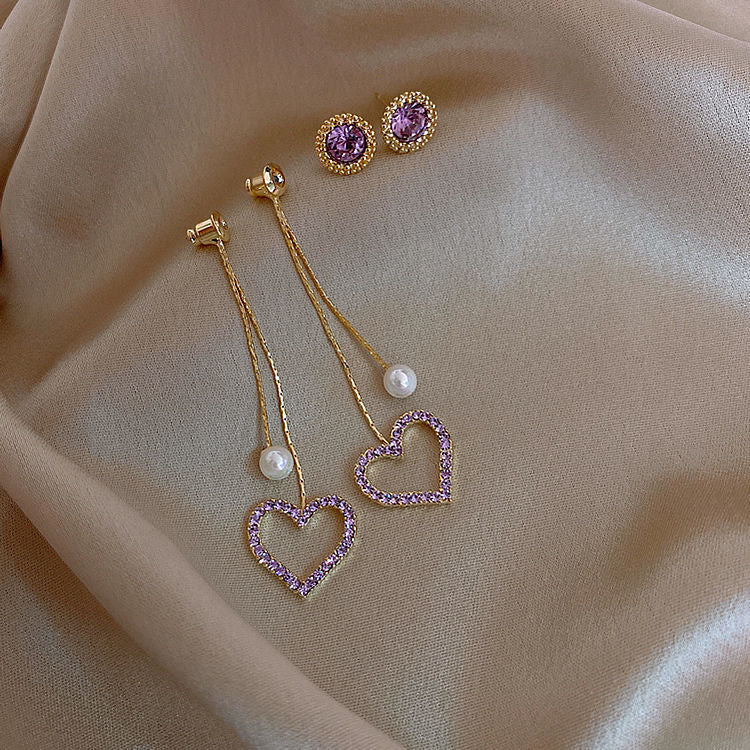 Purple Love Heart Tassel Dangle Drop Earrings for Women