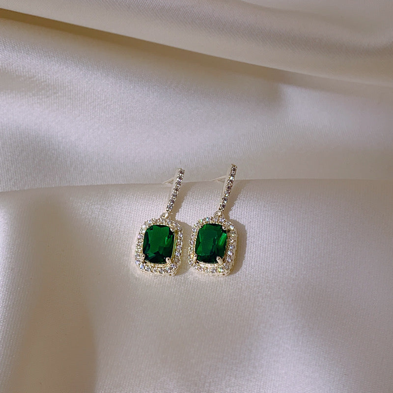 Women's CZ Cubic Zirconia Green Gemstone Square Emerald Dangle Drop Earrings
