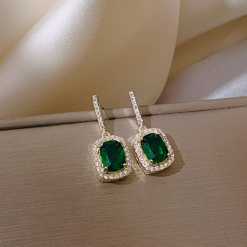 Women's CZ Cubic Zirconia Green Gemstone Square Emerald Dangle Drop Earrings