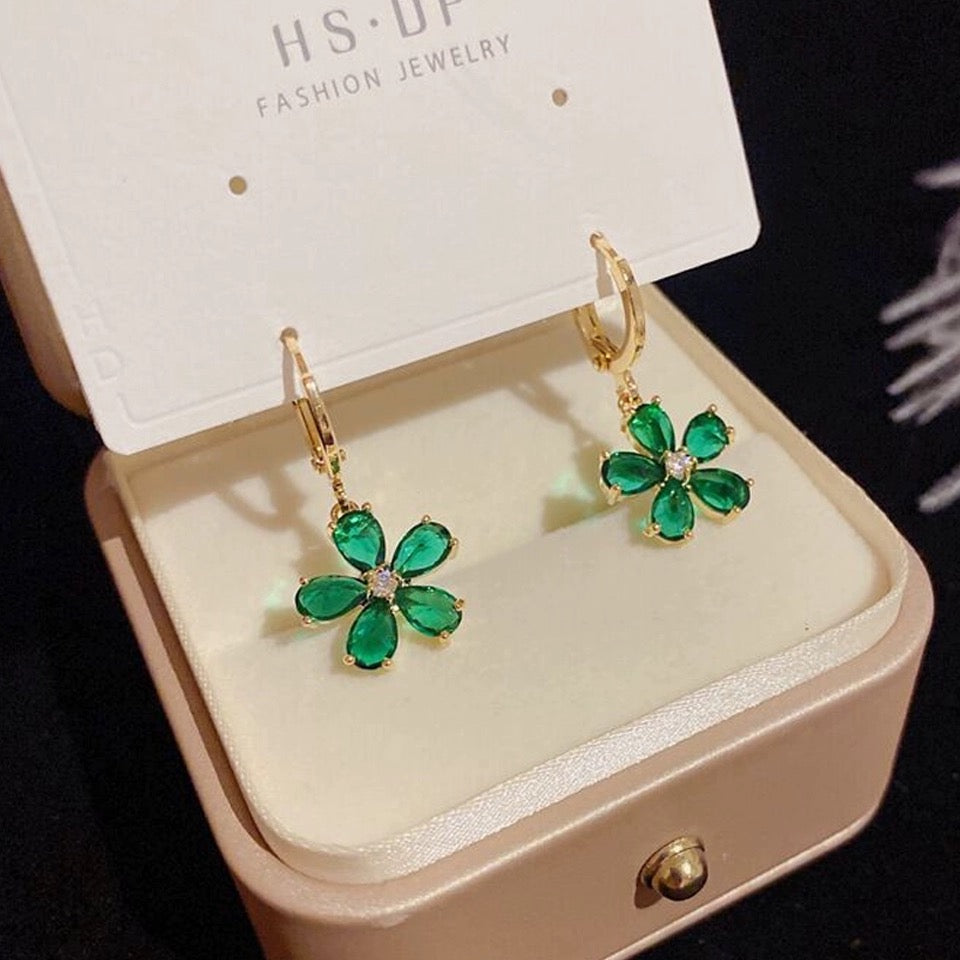 18K Gold Plated Green Crystal Flower Dangle Drop Earrings for Women