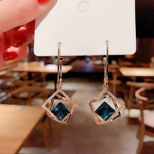 Women's Blue Crystal Square Drop Dangle Earrings