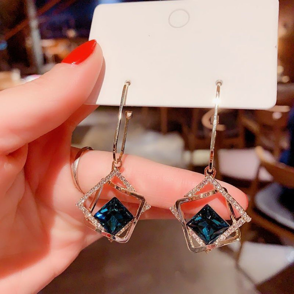 Women's Blue Crystal Square Drop Dangle Earrings