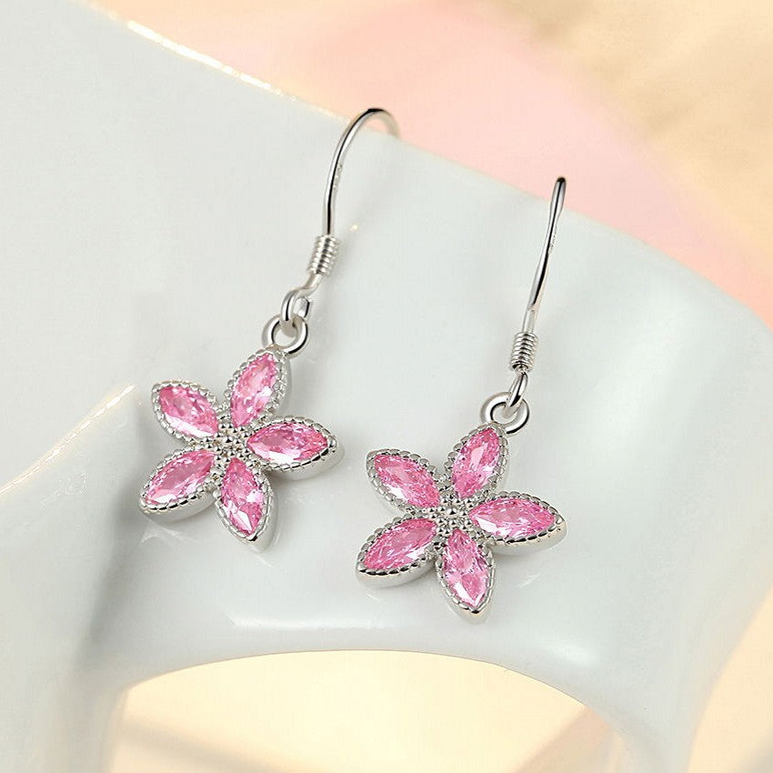 925 Silver Plated Pink Crystal Flower Dangle Drop Earrings for Women
