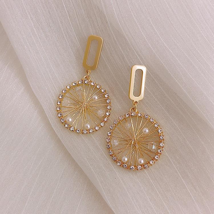Women's Crystal Pearl Gold Wheel Dangle Drop Earrings