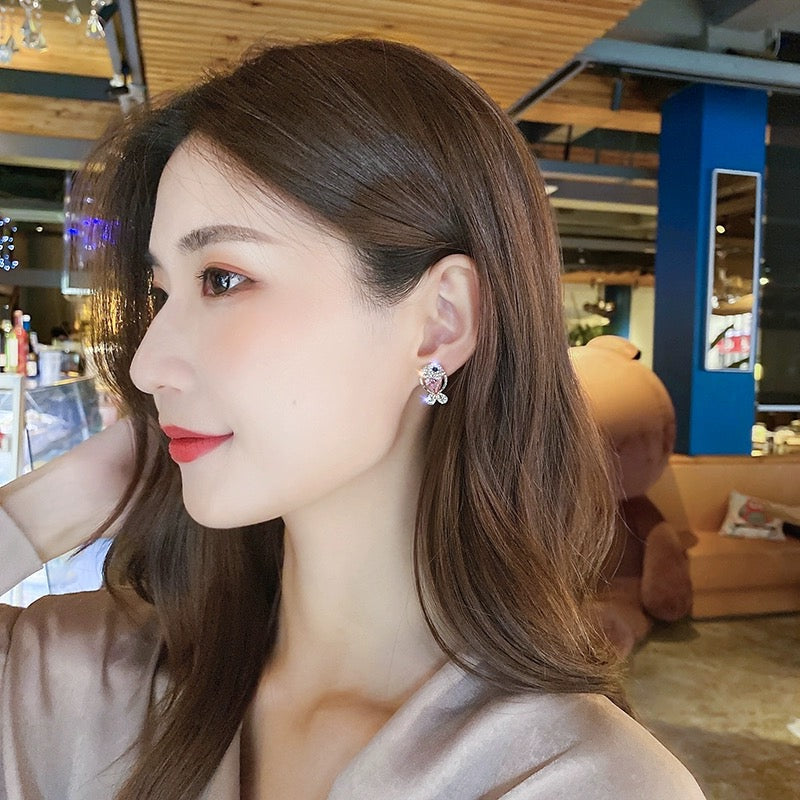 Pink Crystal Cute Fish Stud Earrings for Women