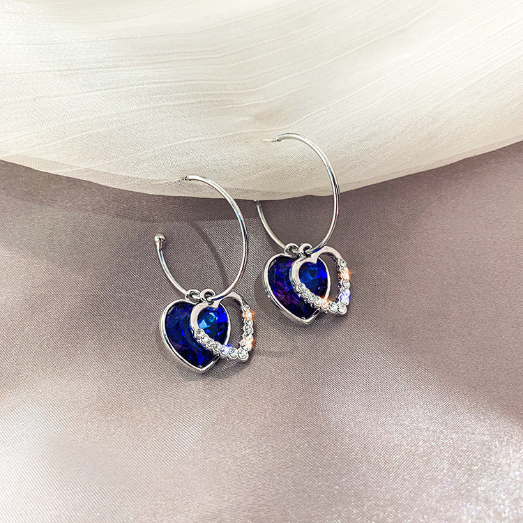 925 Silver Plated Blue Crystal Heart Dangle Drop Earrings for Women