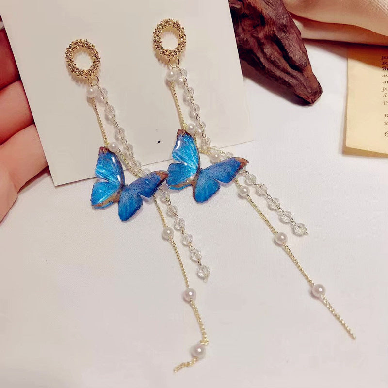 Crystal Butterfly Long Tassel Long Dangle Drop Earrings for Women